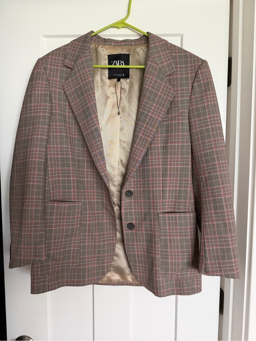 Zara Men's Gray Plaid Blazer with Pink Windowpane